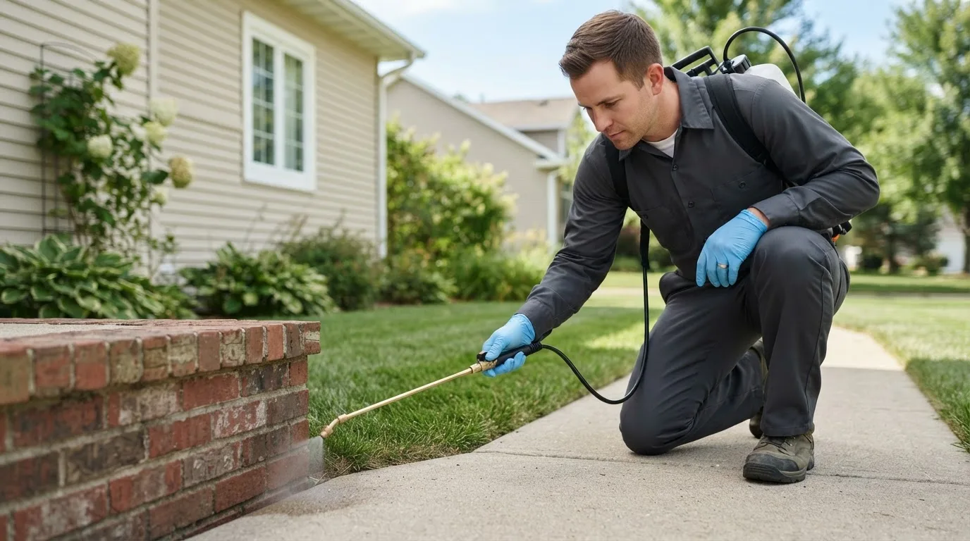 Pest control technician treating a home near Grubville, MO